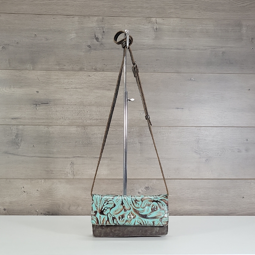 Patricia Nash Brown/Turquoise Tooled Leather Small Crossbody Bag